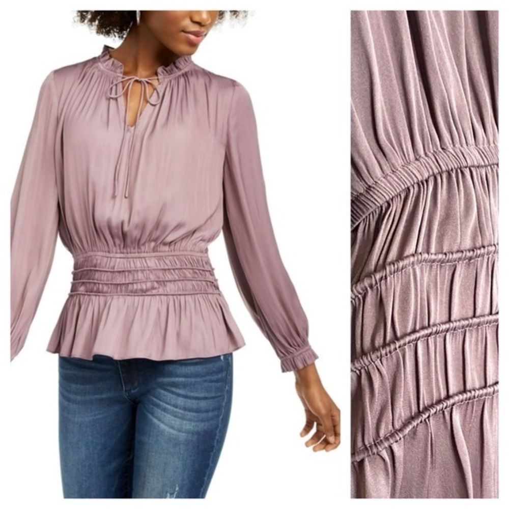 Anthropologie Current Air Purple Smocked Long Sleeve Blouse